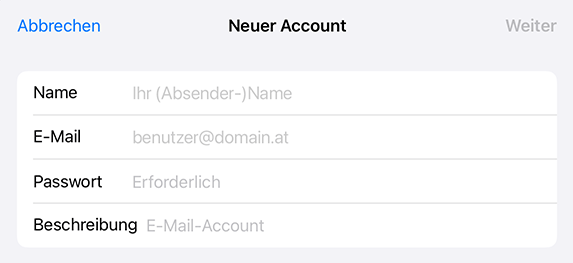 Screenshot: 'Neuer Account'-Formular mit ausgefüllten Feldern (Name, E-Mail, Passwort, Beschreibung)